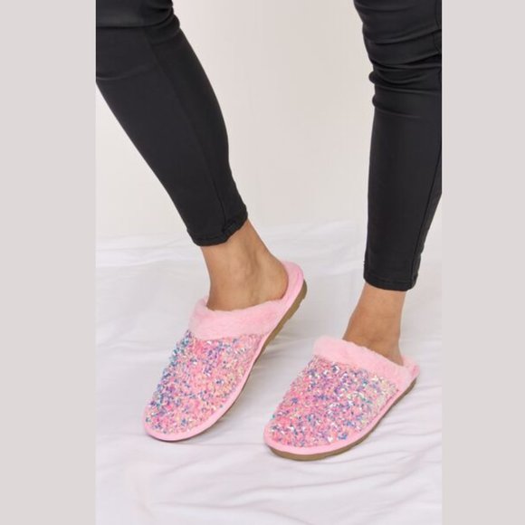 New Pink Sequin Plush Round Toe Slippers - Picture 5 of 7